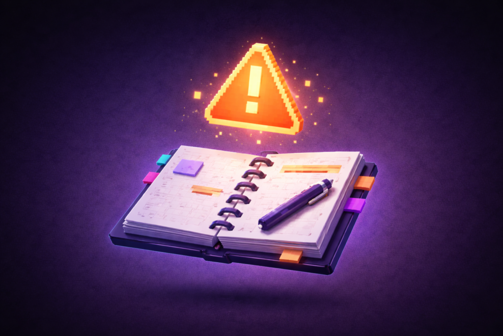 floating warning triangle above notebook representing early TikTok Shop affiliate workflow mistakes